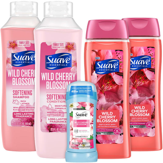 Suave Wild Cherry Blossom bundle pack shot; complete shower set in one display