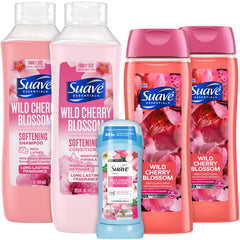 Suave Wild Cherry Blossom bundle pack shot; complete shower set in one display