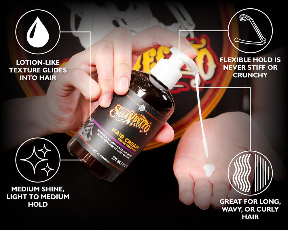 Suavecito Hair Cream for long hair reduces frizz and enhances waves.