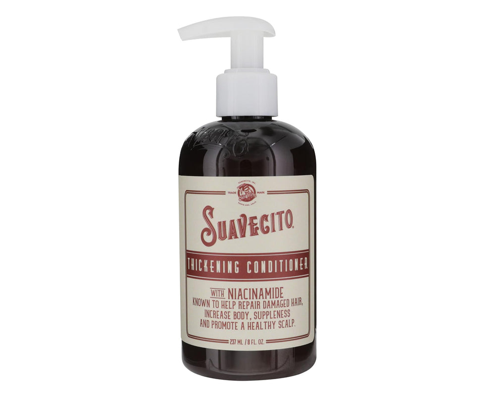 Suavecito conditioner ingredients image highlights niacinamide, rosemary, and caffeine for potential hair support.