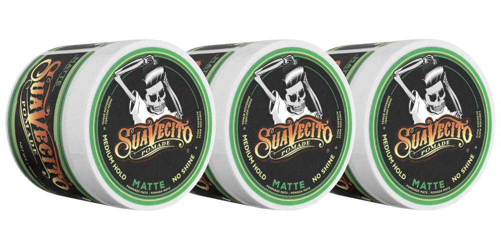 Suavecito Matte Pomade three-pack on display for effortless matte styling.