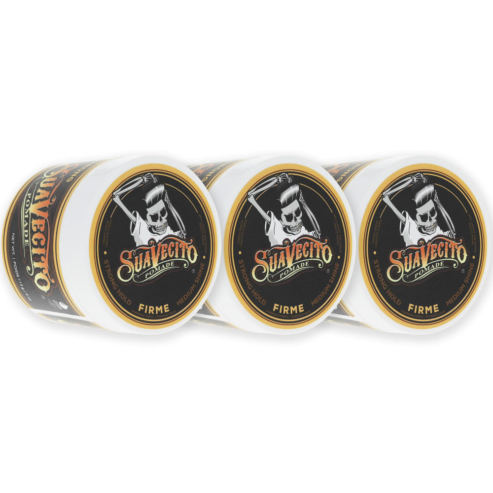 Suavecito Pomade Firme 4 oz tin displays bold branding and strong hold for lasting style.