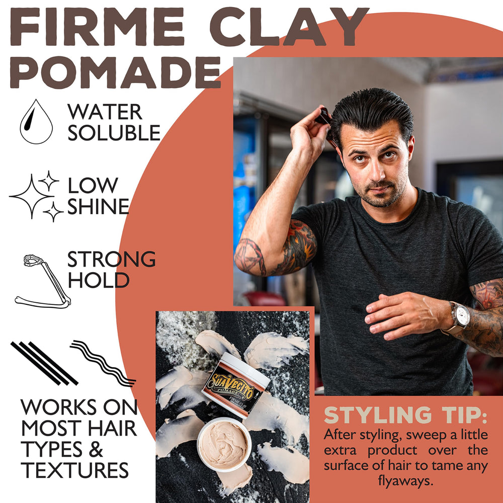 Close-up label of Suavecito Pomade Firme Clay shows classic design