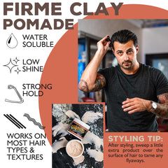 Close-up label of Suavecito Pomade Firme Clay shows classic design