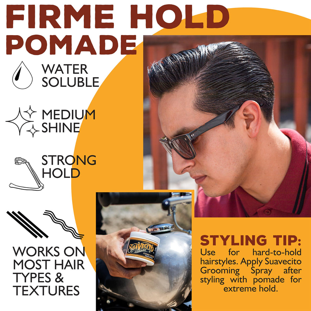 Water-based Suavecito Pomade Firme Hold impression showing easy rinse.