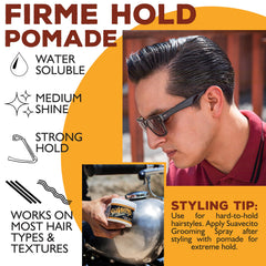 Water-based Suavecito Pomade Firme Hold impression showing easy rinse.
