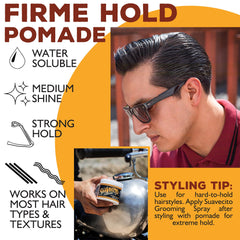 Pompadour style achieved with Suavecito Pomade Firme strong hold