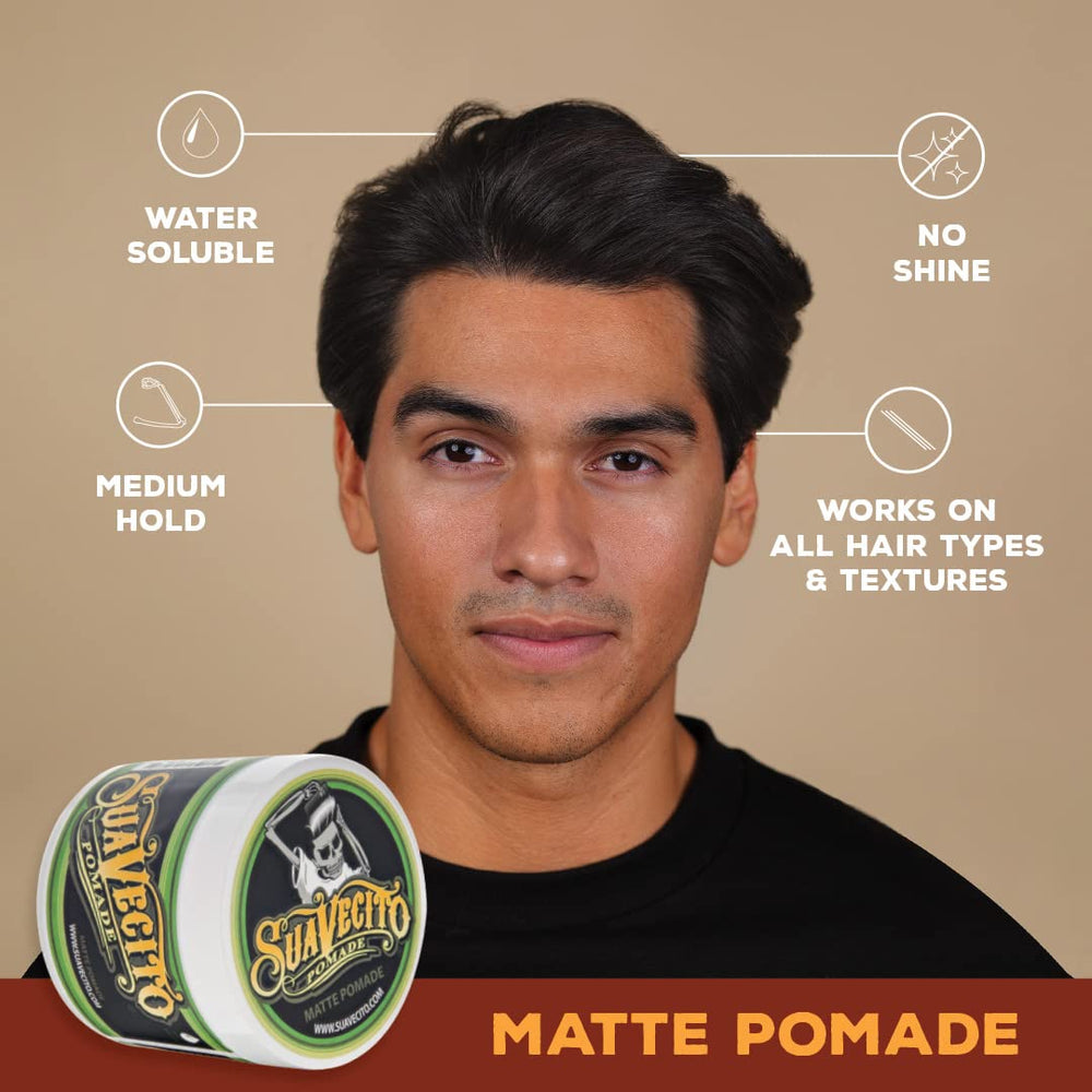 Suavecito Pomade Matte action shot emphasizes water-soluble washout.