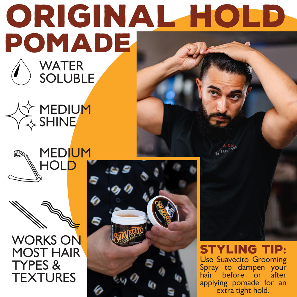 Side-part styling with Suavecito Original Pomade demonstrating controlled hold.