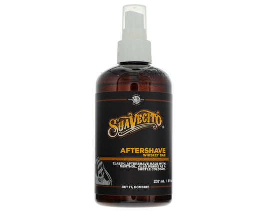 Suavecito Whiskey Bar Scent aftershave bottle with pump, delivering soothing hydration after shaving.