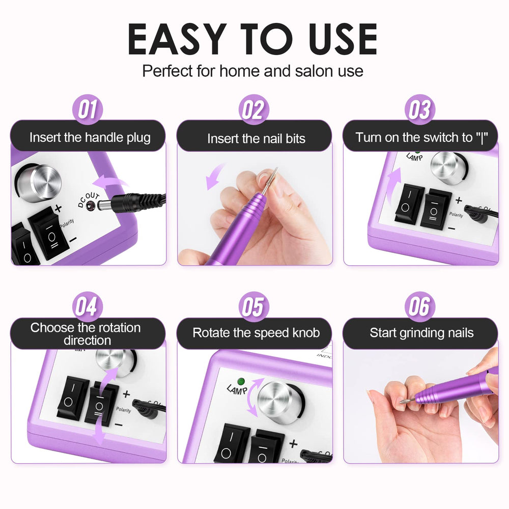 Subay quiet, low-vibration operation purple nail drill for comfortable sessions.