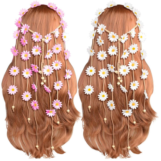 Sucrain flower hippie headband with white and pink sunflowers for a romantic festival look.