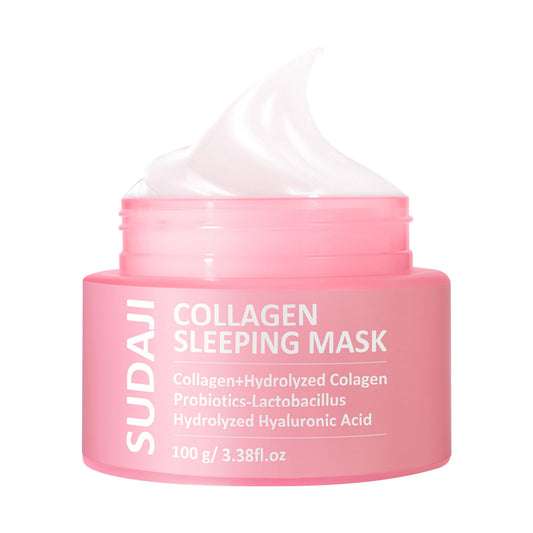 SUDAJI Collagen Sleeping Mask jar close-up showing creamy texture for overnight hydration