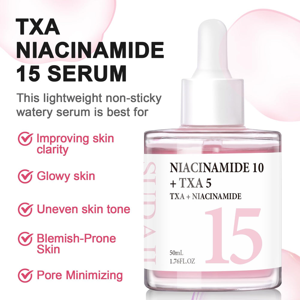 SUDAJI TXA Niacinamide serum reduces visible pores for smoother texture.