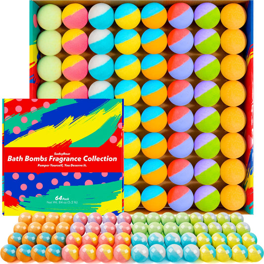 SudsyRoar 64-pack bath bombs pack shot showing eight scents for relaxing baths