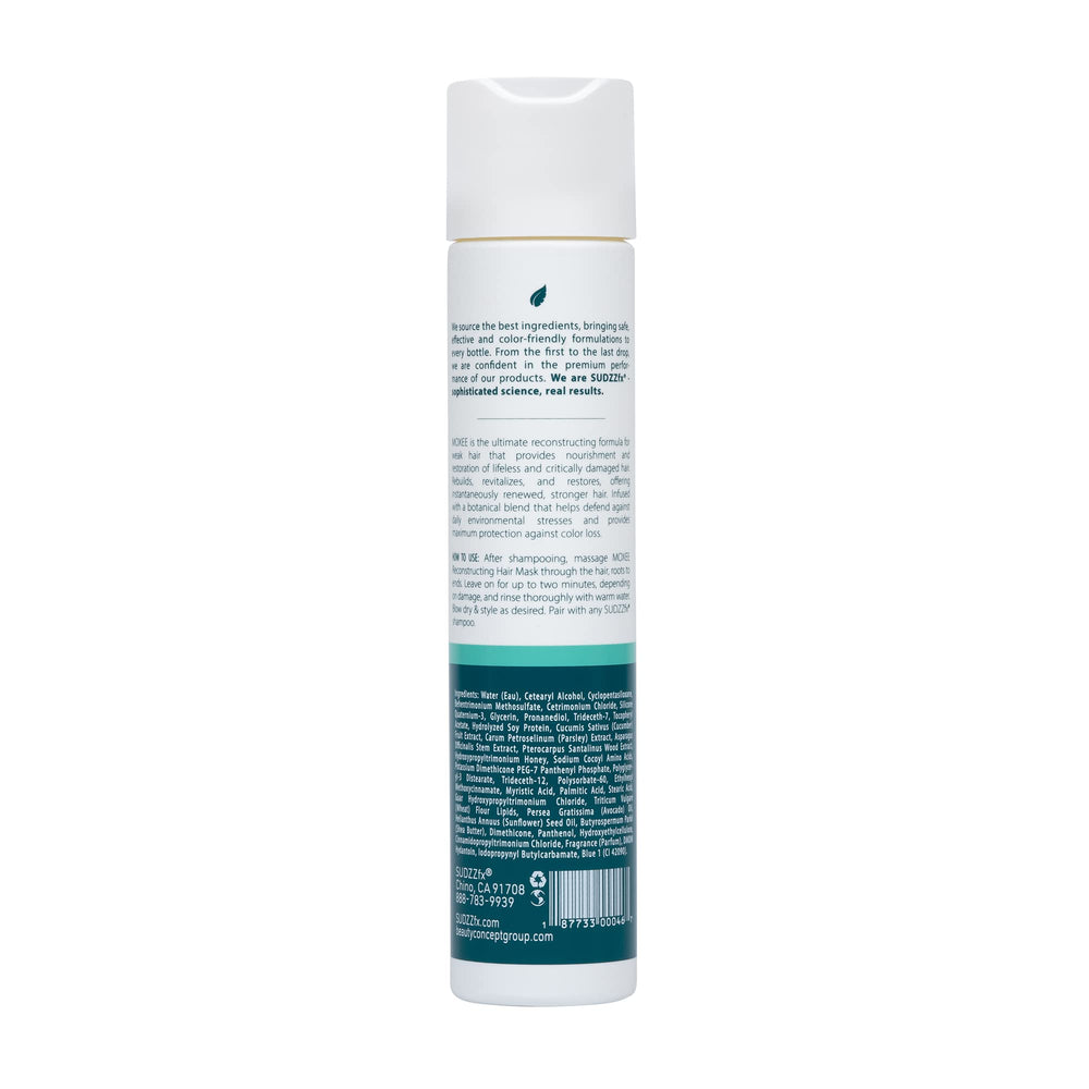 Close-up of Moxee label highlights nourishing, damage-repairing formula for damaged hair.