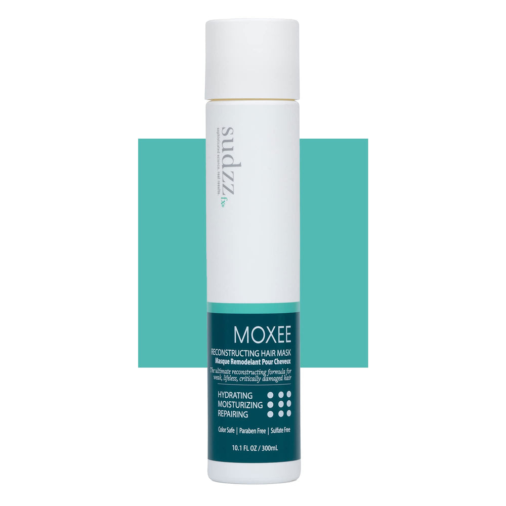 SUDZZFX Moxee reconstructing hair mask packaging with sulfate-free, color-safe care.