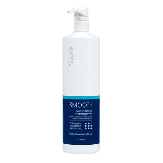SUDZZFX Smooth Taming Shampoo bottle showing frizz control for all hair types.
