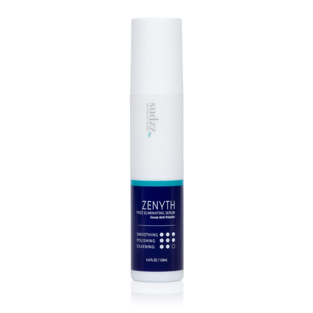 SUDZZFX Zenyth serum bottle closeup highlighting frizz control and shine