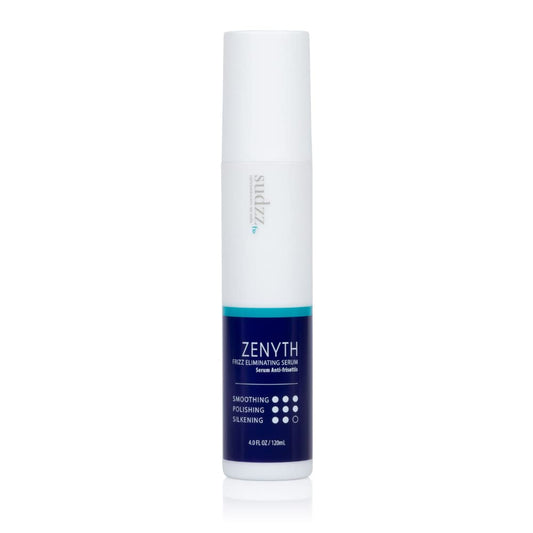 SUDZZFX Zenyth serum bottle closeup highlighting frizz control and shine