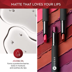 SUGAR Matte Attack Lipstick Maroon Vibe closeup reveals velvety texture and shade depth.