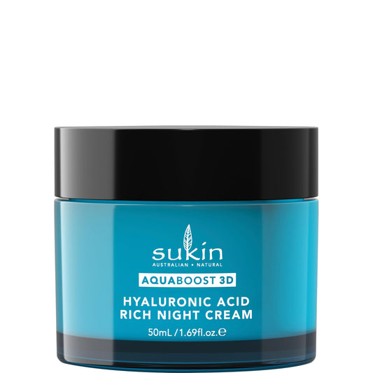 Sukin AquaBoost night cream jar close-up shows luxurious texture and hydration.