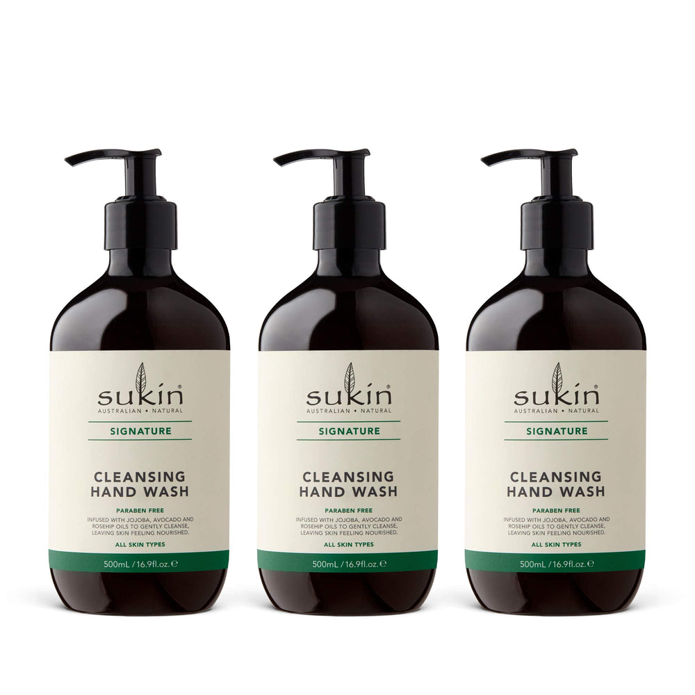 Sukin cleansing hand wash bottle with moisturizing oils for hydrated hands.