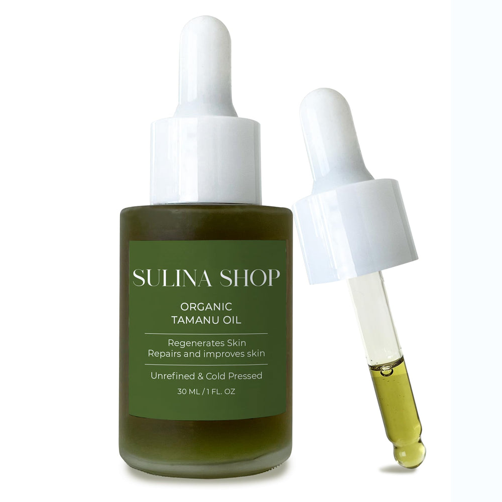 Sulina Tamanu Oil bottle shows pure, cold-pressed formula for hydrating skin.