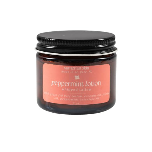 Sumerian Skin whipped beef tallow lotion bottle shows all-day hydration for face and body