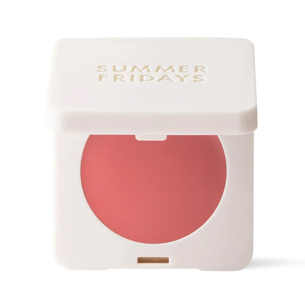 Summer Fridays Blush Butter Balm packaging with a sleek bottle and soft strawberry hue for convenient daily color.