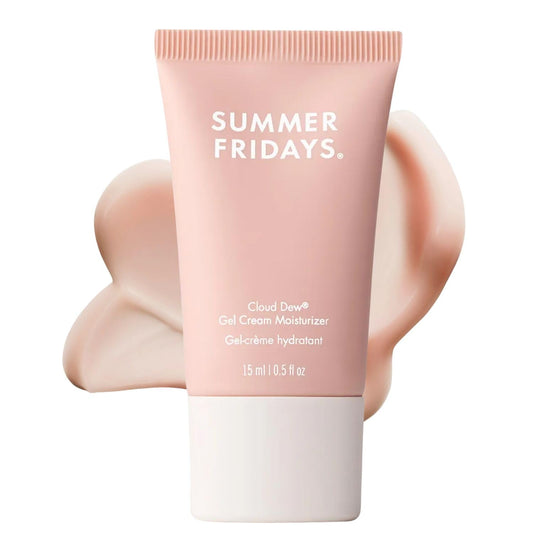 Summer Fridays Cloud Dew gel cream packaging shows a travel-ready jar for hydration on the go