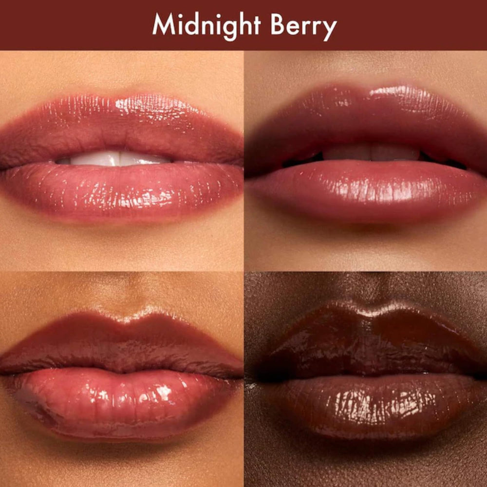 Applying Dream Lip Oil Midnight Berry for layered color and hydration.