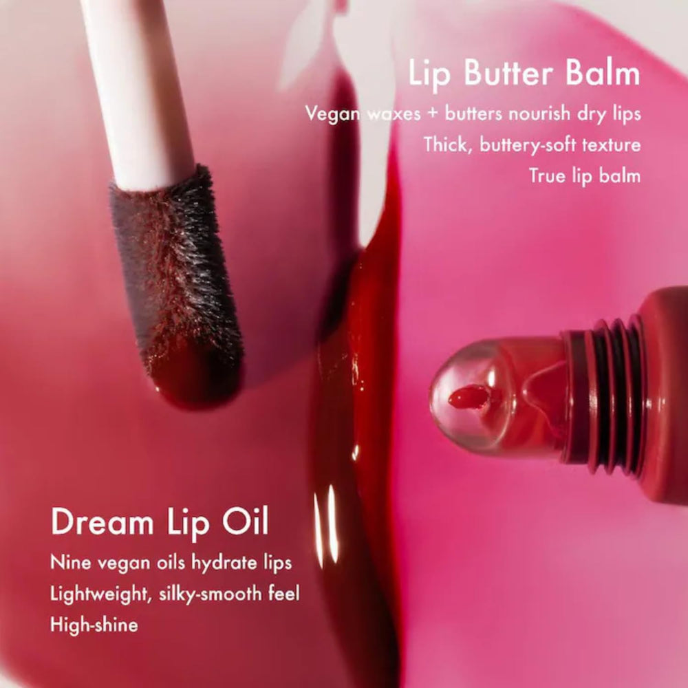 Product tube near lips for quick nourishing touch-ups.