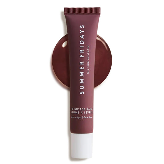 Summer Fridays Tinted Lip Butter Balm Brown Sugar jar close-up showing rosy color and moisture.