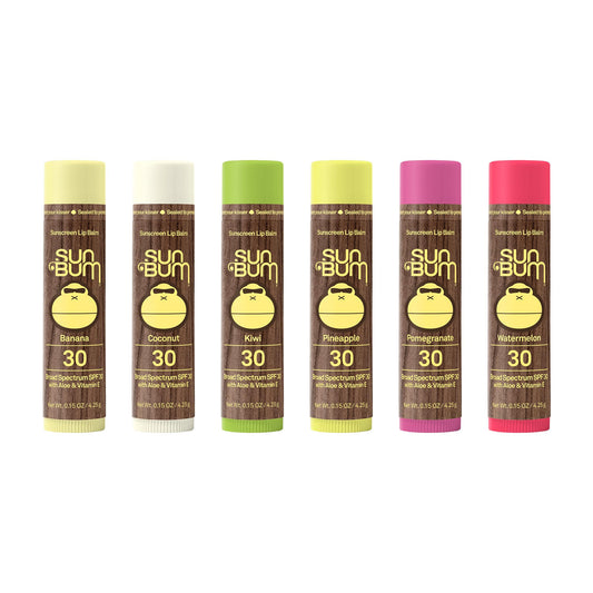 Sun Bum lip balm SPF 30 stick packaging, smooth hydration for sunny days.