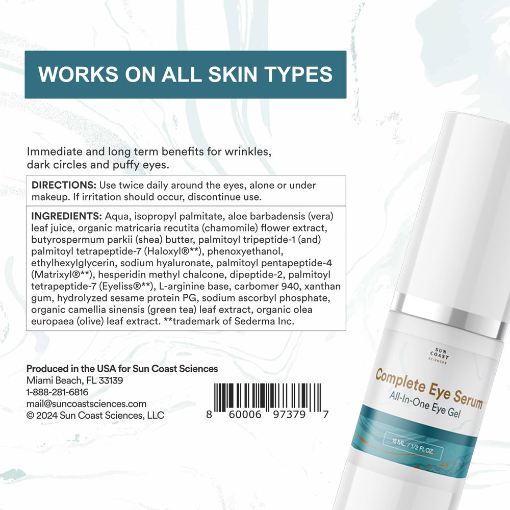 Sun Coast Sciences Complete Eye Serum pack shot highlighting the bottle design.