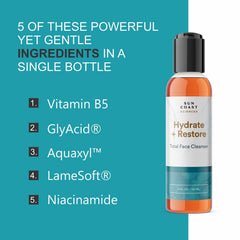 Sun Coast Sciences Hydrate Restore applied to damp skin for a mild cleanse.