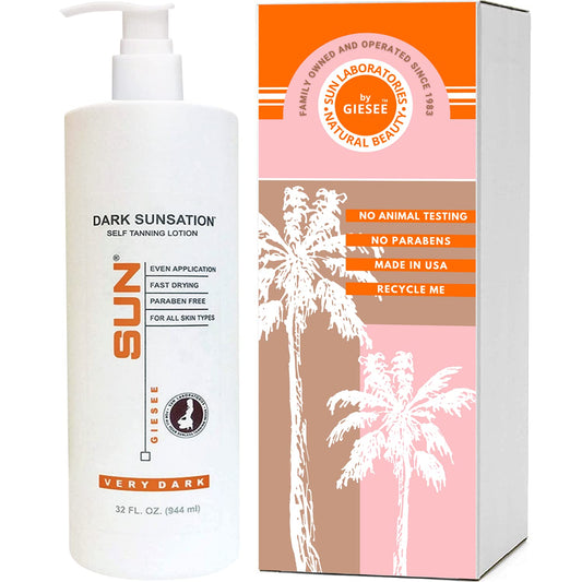 Sun Laboratories Dark Sunsation bottle showing fragrance-free, ultra-dark tan.