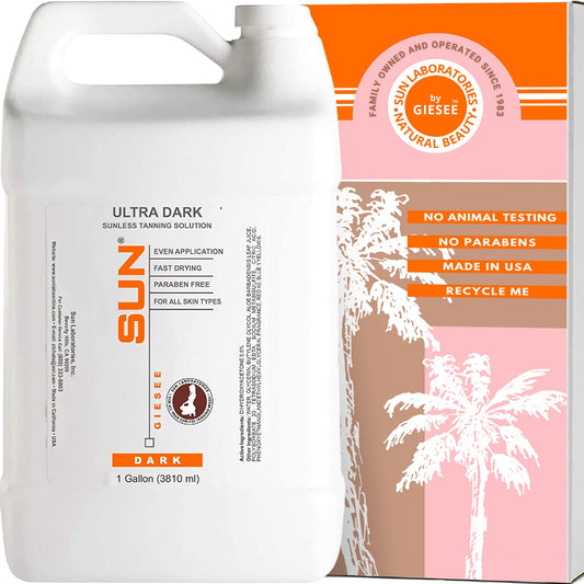Sun Laboratories by Giesee Ultra Dark spray tan bottle for a smooth, long-lasting color.
