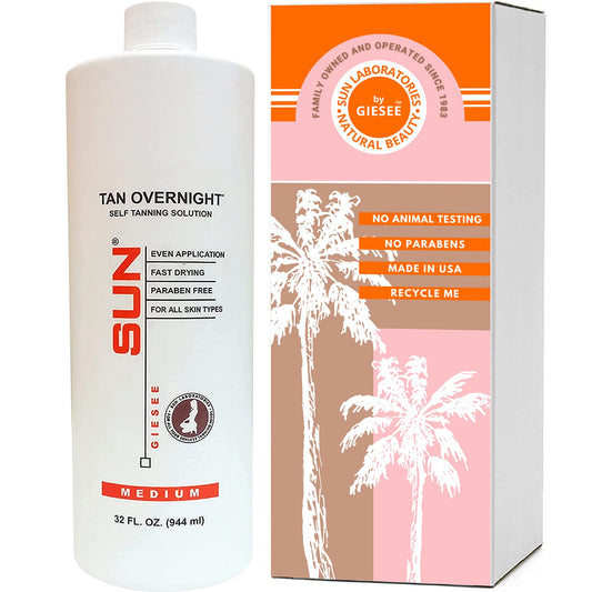 Sun Laboratories by Giesee spray tan bottle showing even coverage for a natural look
