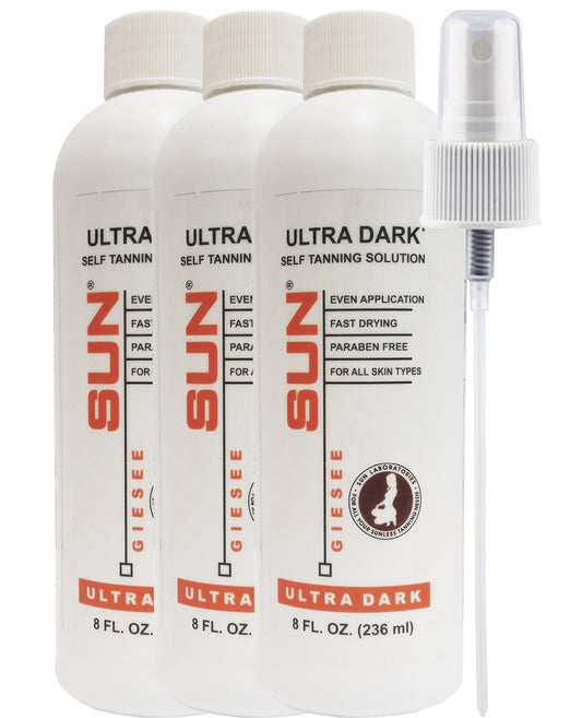 This image shows the Sun Laboratories Sun Labs Self-Tanning Spray Ultra Dark 3-Pack bottle and packaging.