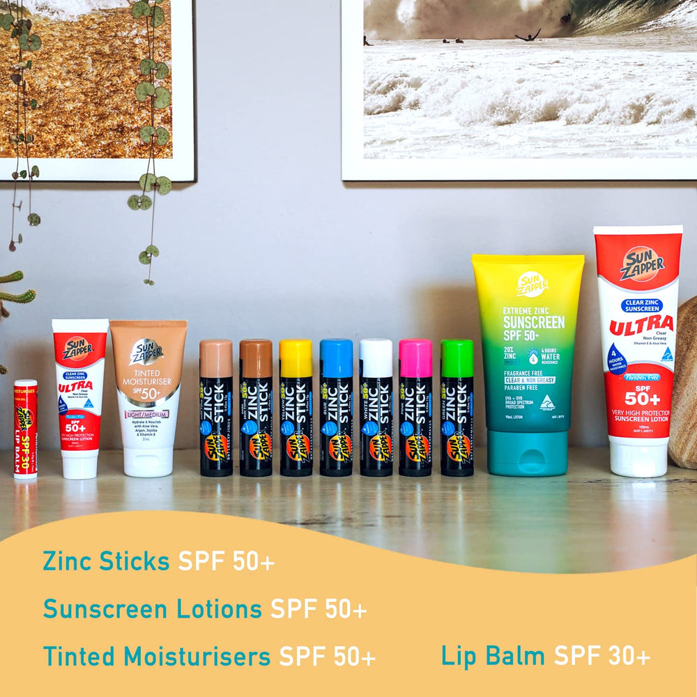 Sun Zapper zinc oxide formula with Australian design and paraben-free ingredients.