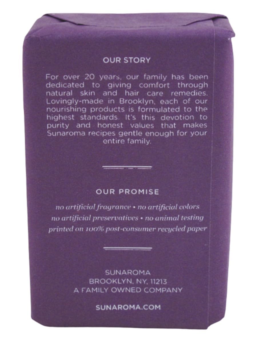 Sunaroma Lavender Shea Vitamin E soap bar closeup highlighting natural ingredients.