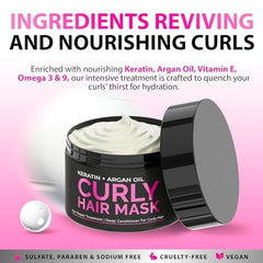 SUNATORIA Curly Hair Mask with argan and keratin on counter for hydration.