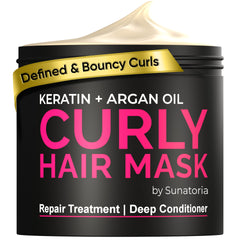 SUNATORIA Curly Hair Mask jar closeup shows rich moisture for deep conditioning.