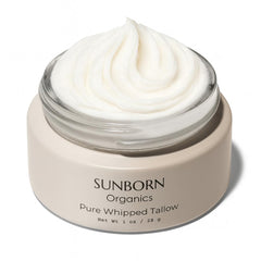 Sunborn Organics Pure Whipped Tallow Balm jar showing fragrance-free, velvety moisturizer.
