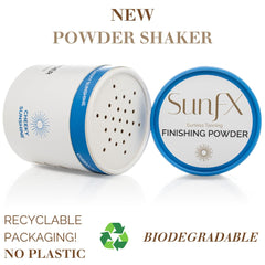 SunFX fan brush applying finishing powder for smoother post-tan absorption.