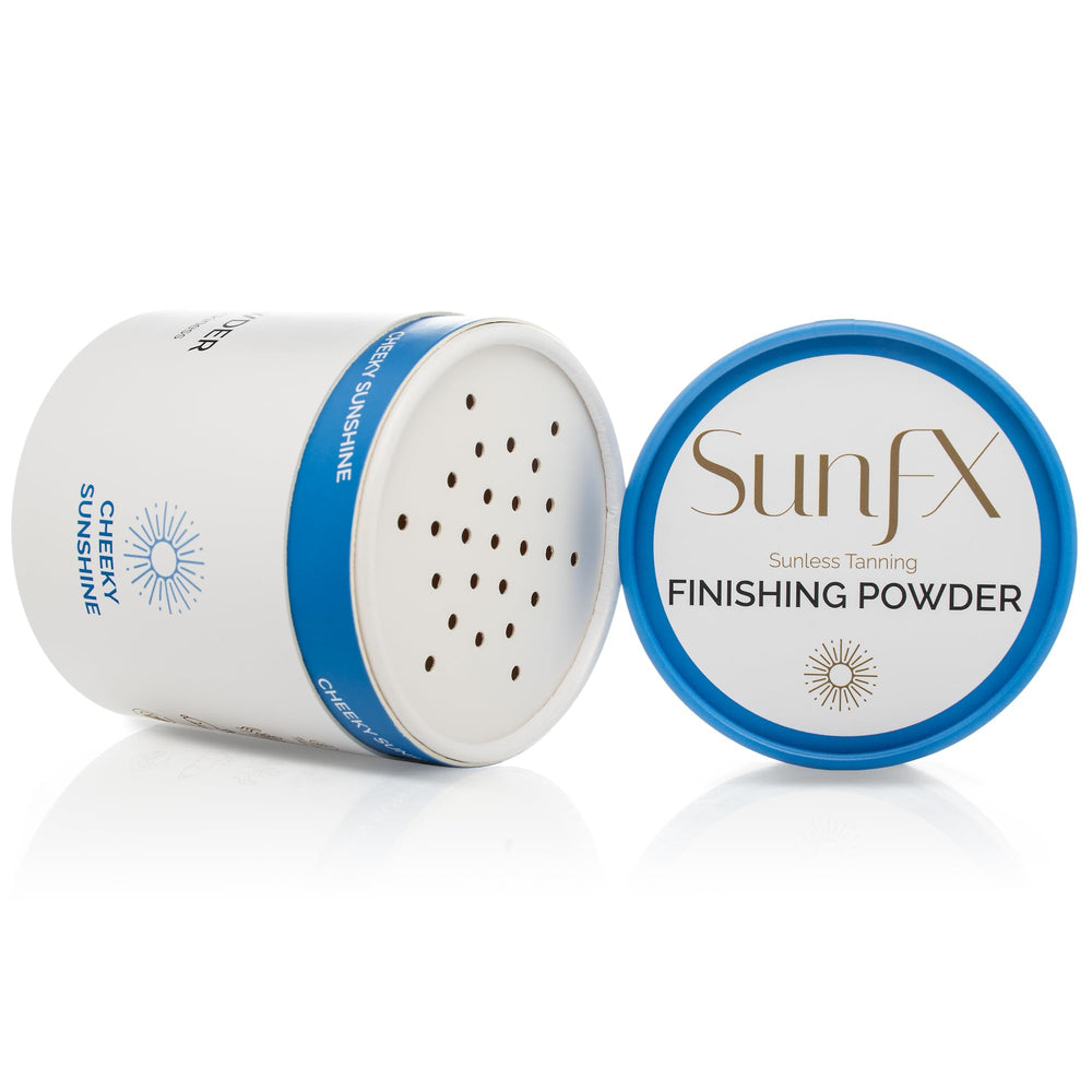 SunFX Post Spray Tan Finishing Powder bottle close-up showing talc-free bronzed finish.