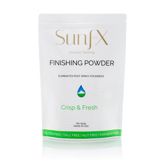 SunFX Post Spray Tan Finishing Powder talc-free seals color and reduces stickiness.