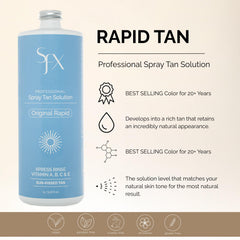 SunFX Rapid bottle closeup reveals organic ingredients for skin-friendly tanning.
